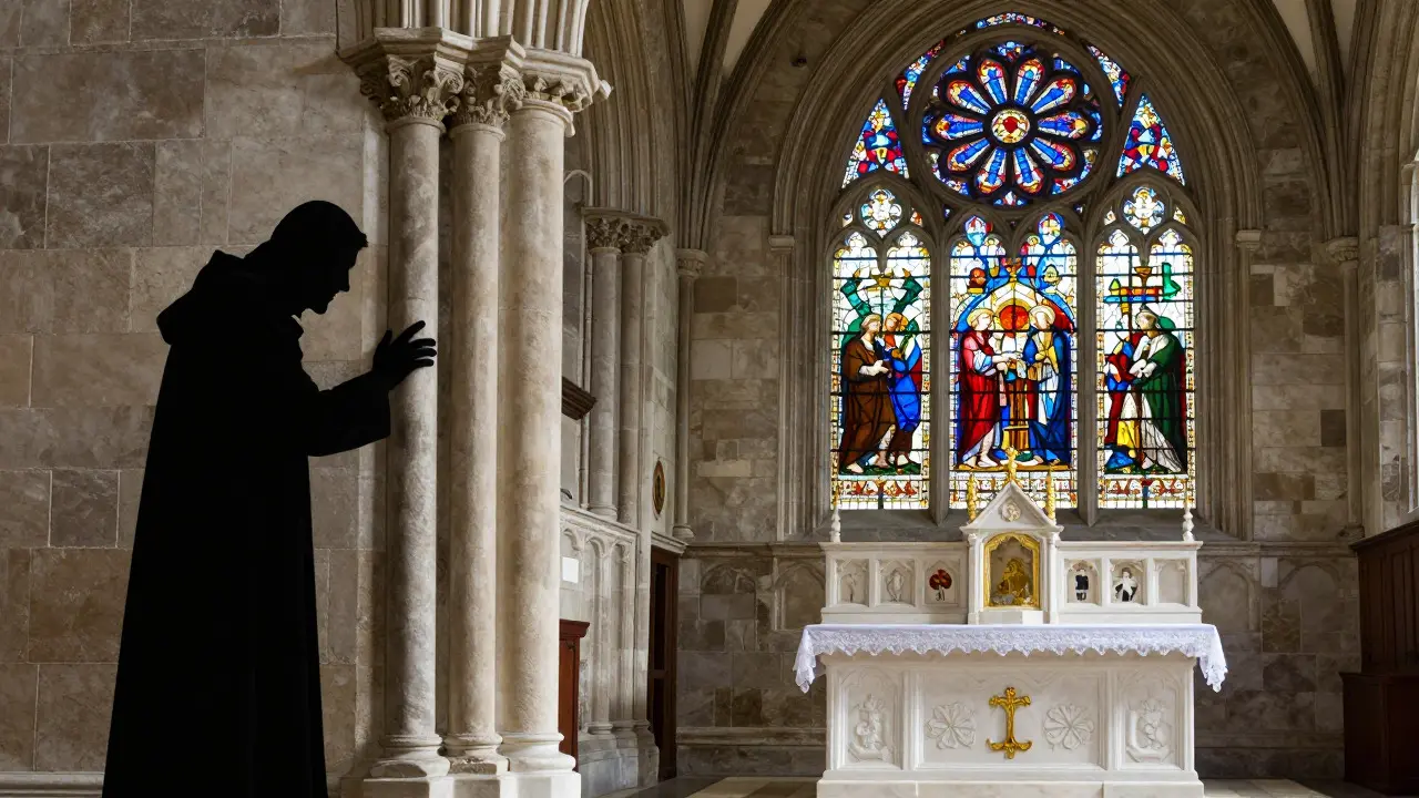 Split image contrasting dark movie mystery with bright reality of Rosslyn Chapel's altar and rose window.