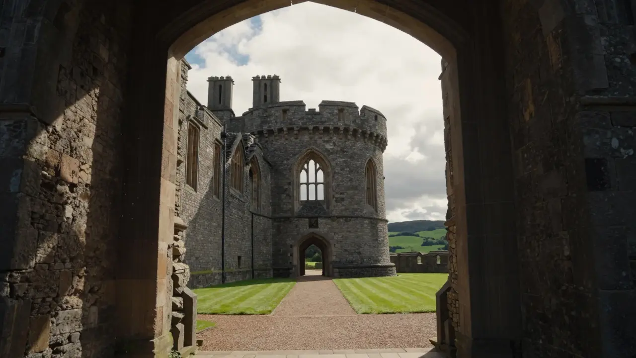 Sunlit interior of Rothesay Castle showing stone walls and royal chambers