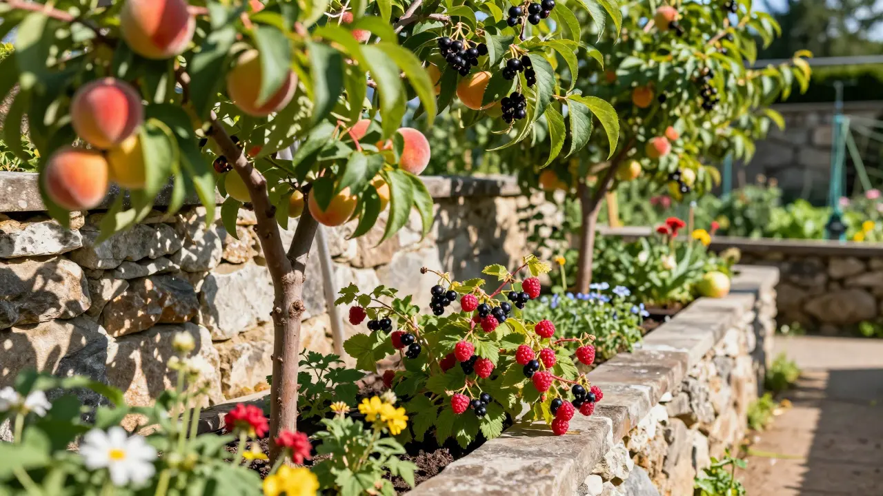 Sunlit walled kitchen garden with stone walls, fruit trees, and ripening berries