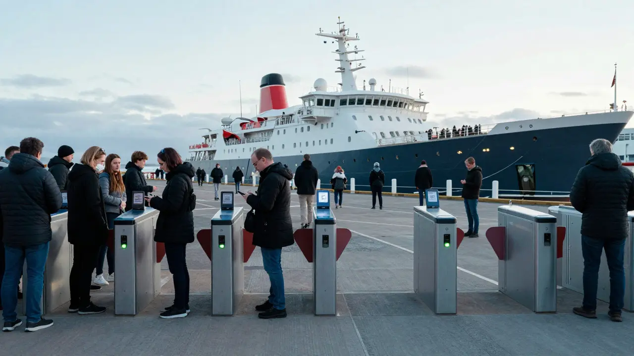 Tourist using fast-track entry at Royal Yacht Britannia while others wait