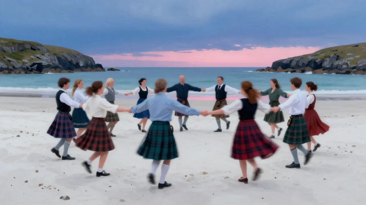 Traditional Ceilidh dancers on a white sandy beach at dusk