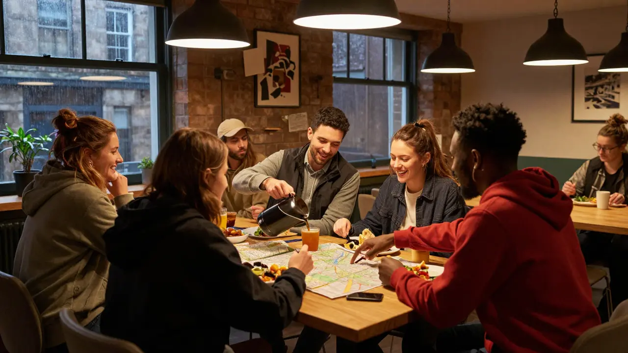 Travelers socializing and sharing maps in a cozy hostel common room