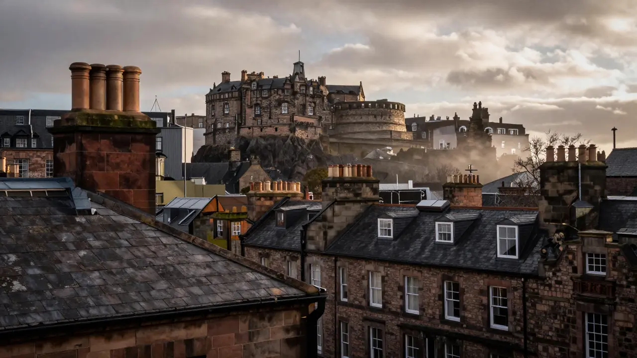 View of Edinburgh Castle from a historic tenement rooftop in mist