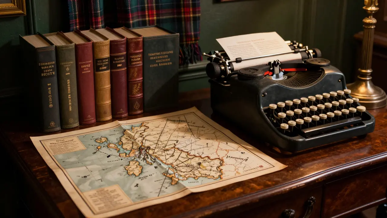 Vintage maps, typewriter, and books from the Scott and Stevenson exhibits
