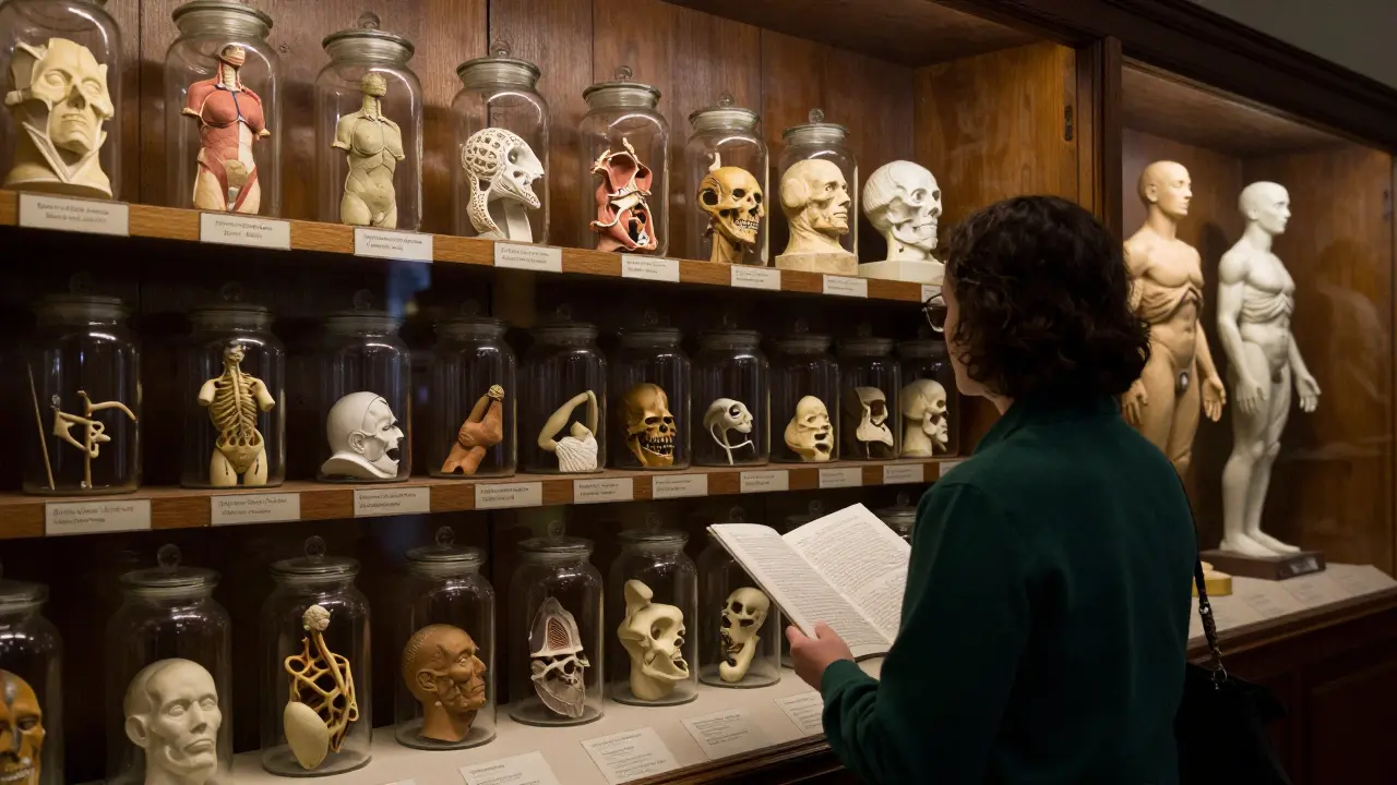 Visitor observing preserved anatomical specimens in a dimly lit museum gallery