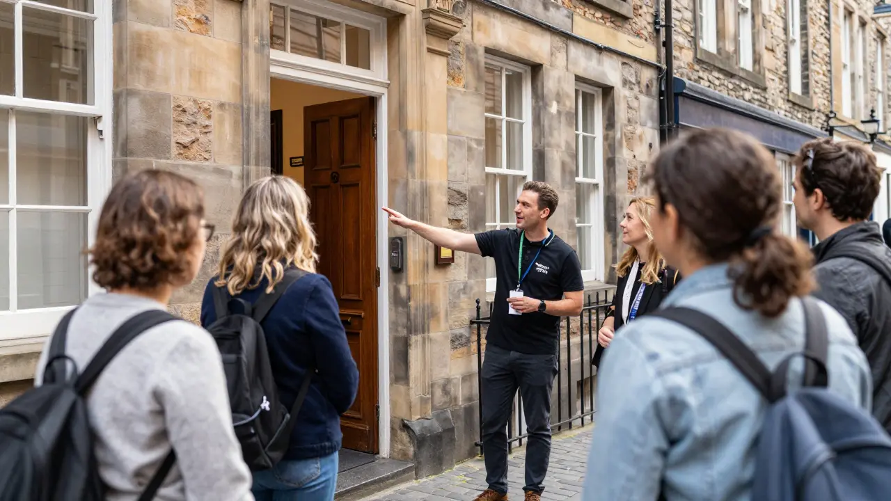 Volunteer guiding visitors into a Georgian townhouse in Edinburgh