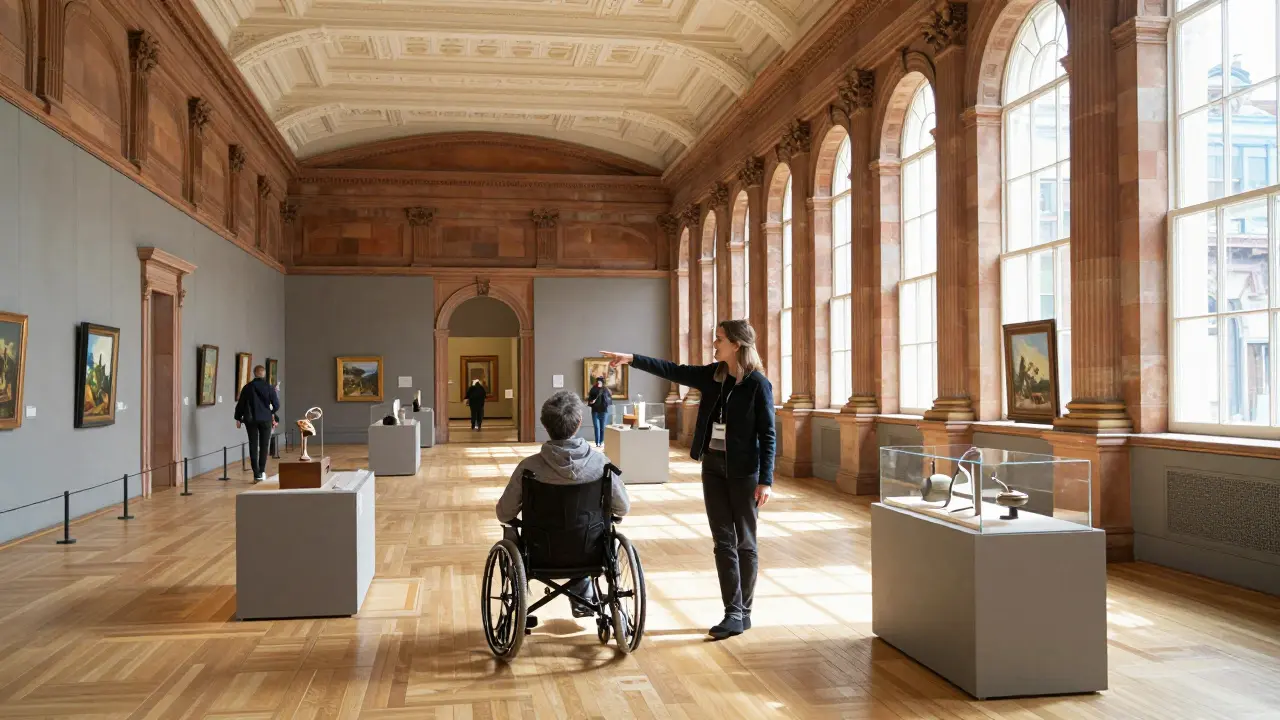 Wheelchair user exploring spacious, sunlit Kelvingrove Museum gallery