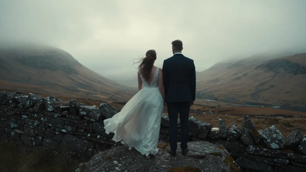 A bride and groom standing on a stone rampart overlooking a misty Scottish valley