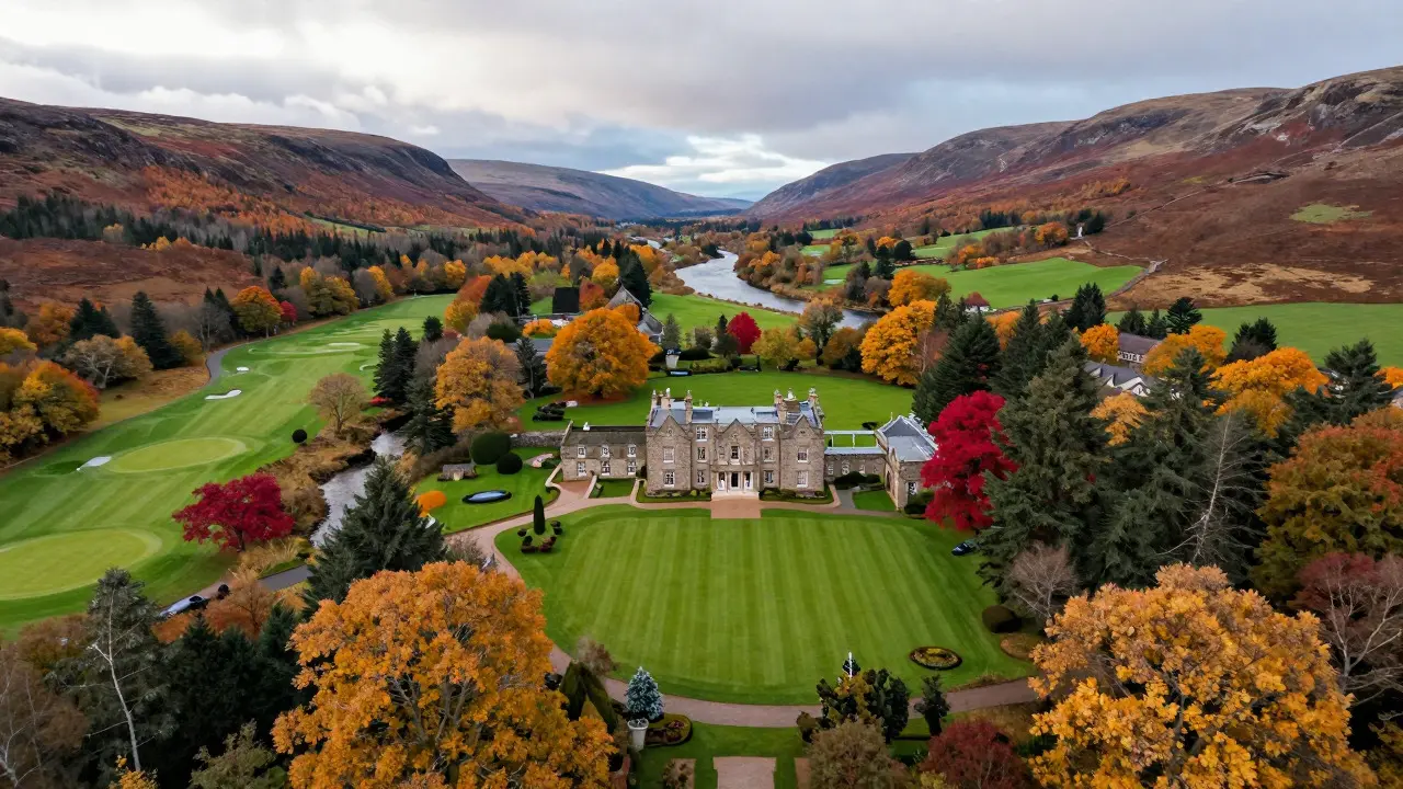 Aerial view of a Scottish estate with autumn foliage and a manor house