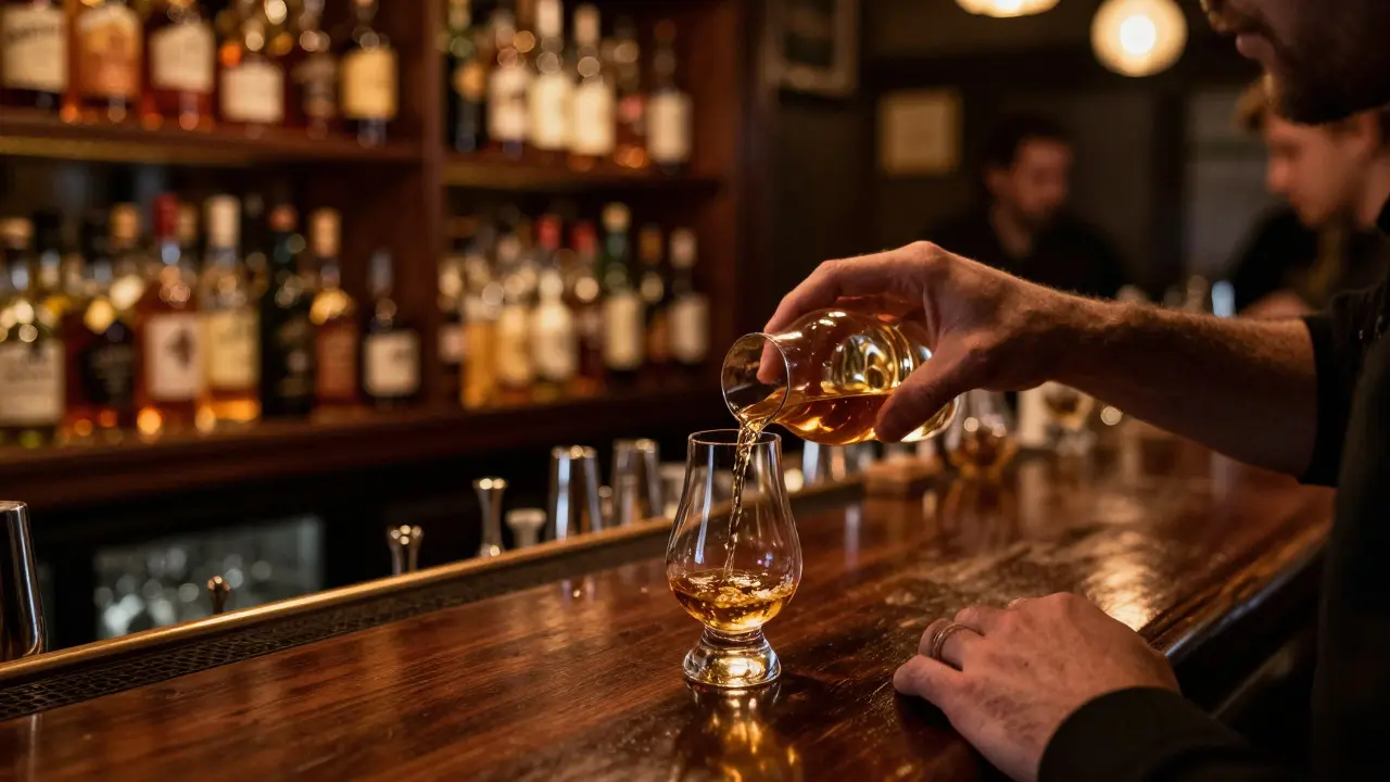 Bartender pouring whisky into a tasting glass in a crowded bar