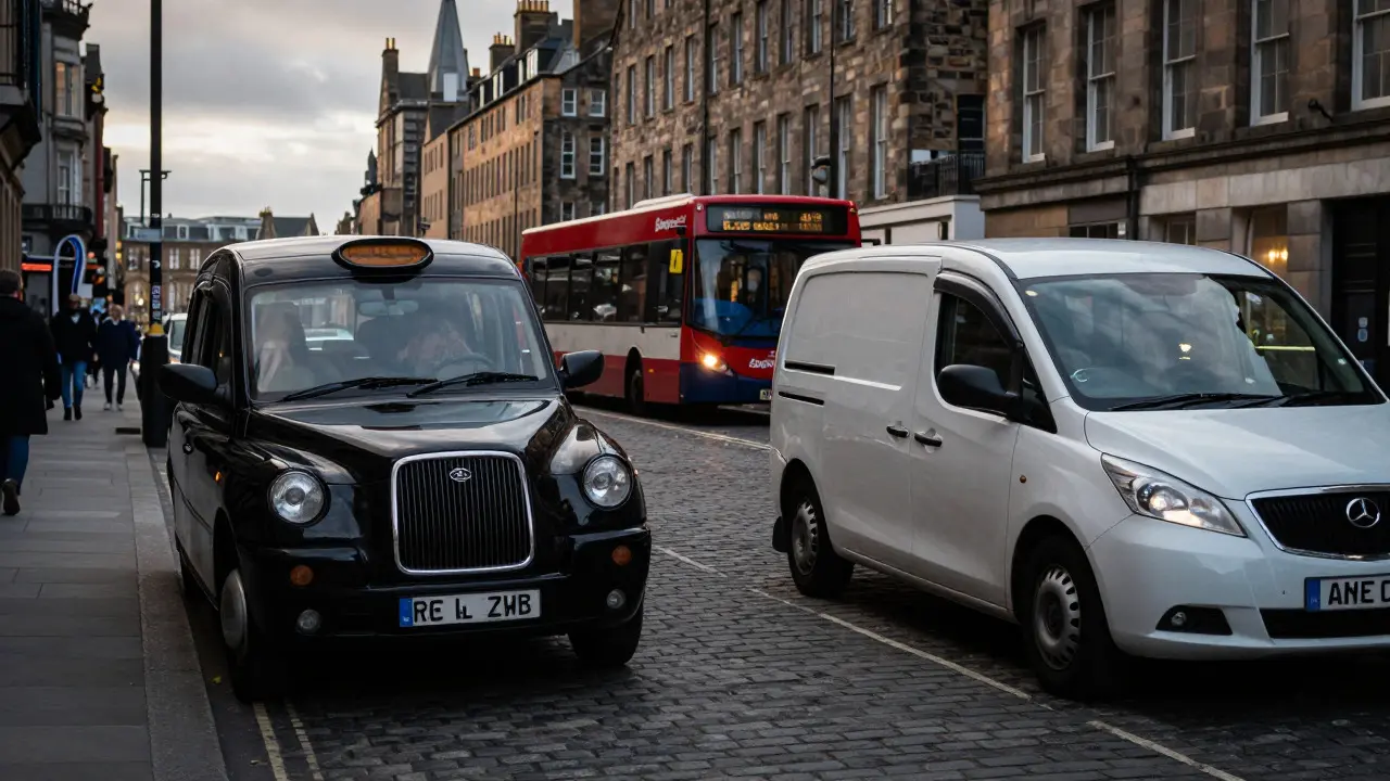 Black cab, private shuttle, and bus waiting on a historic Edinburgh street