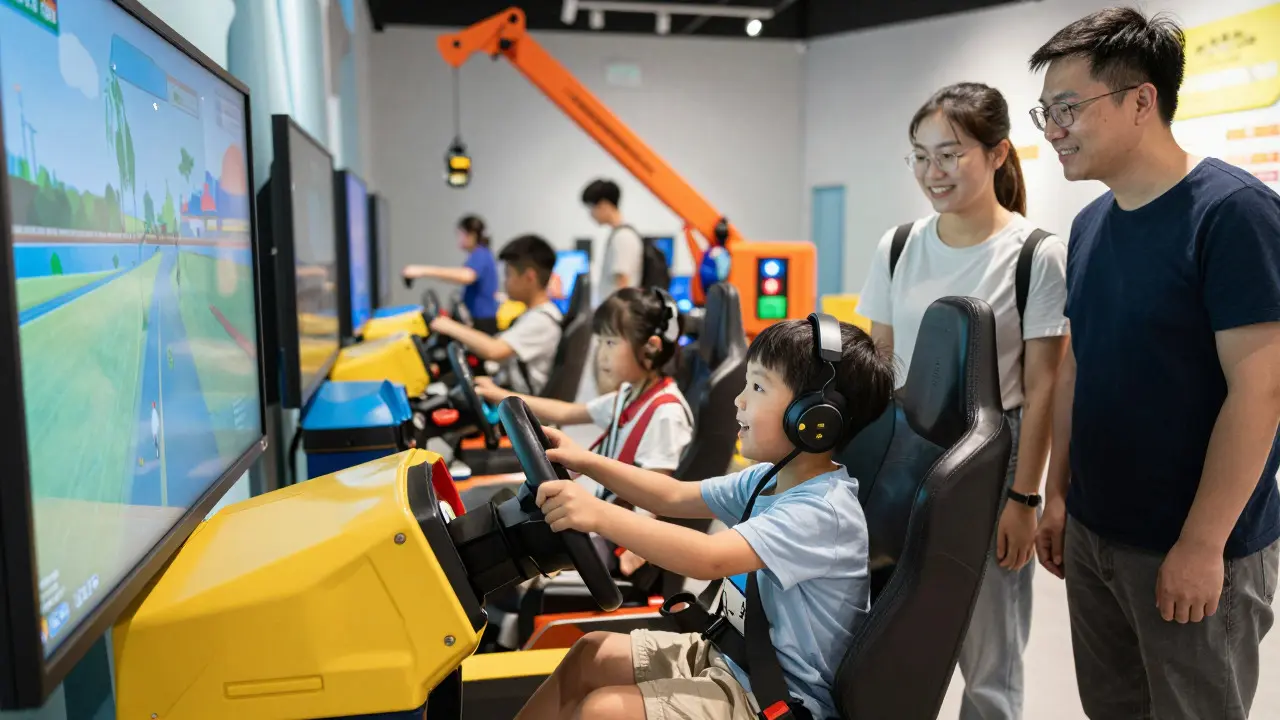 Child playing with driving simulator at interactive exhibit