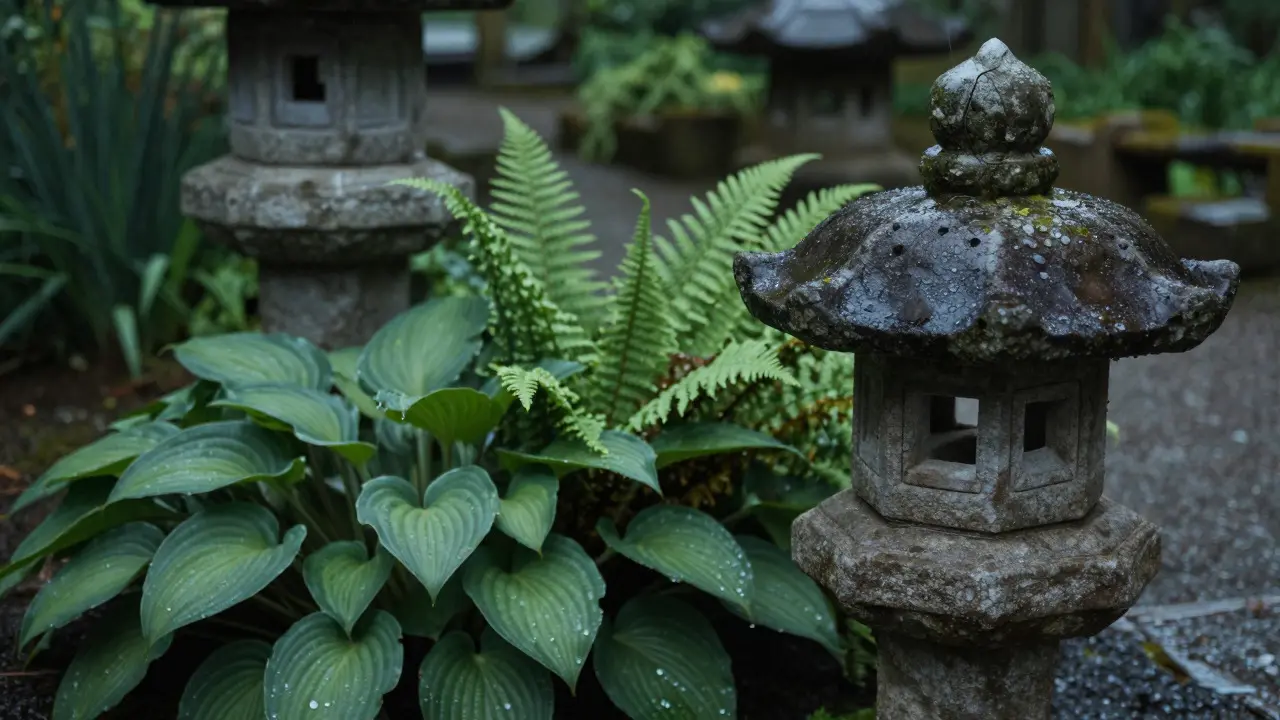 Close-up of stone lantern and lush ferns in the misty Cambo Gardens, Fife.