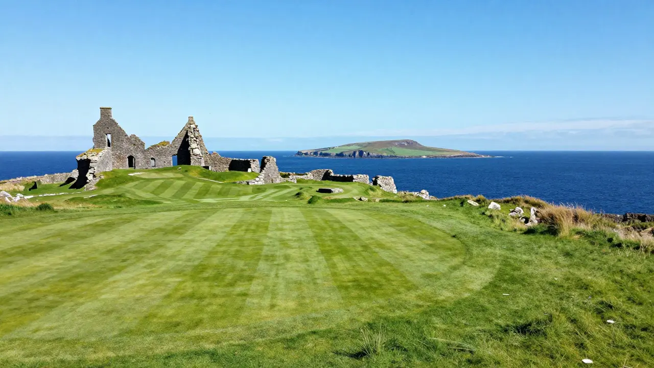 Coastal view from St Andrews cliffs showing golf course and distant island
