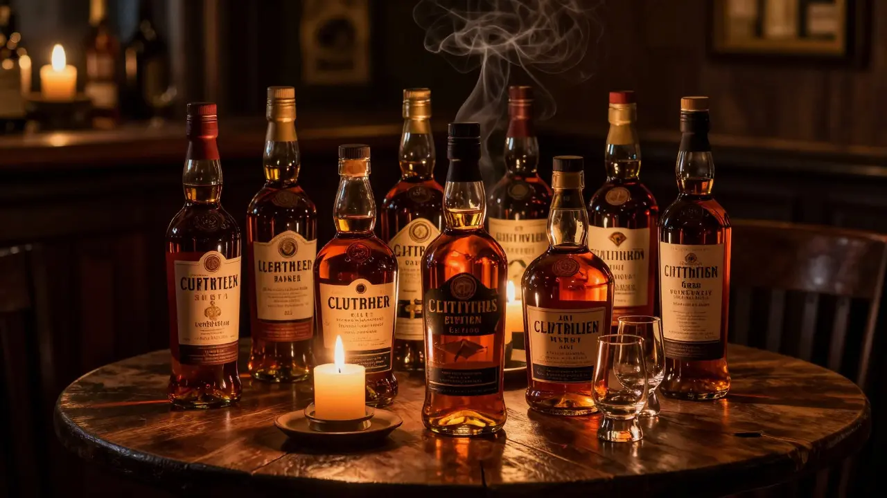Collection of whisky bottles on a wooden table illuminated by warm candlelight