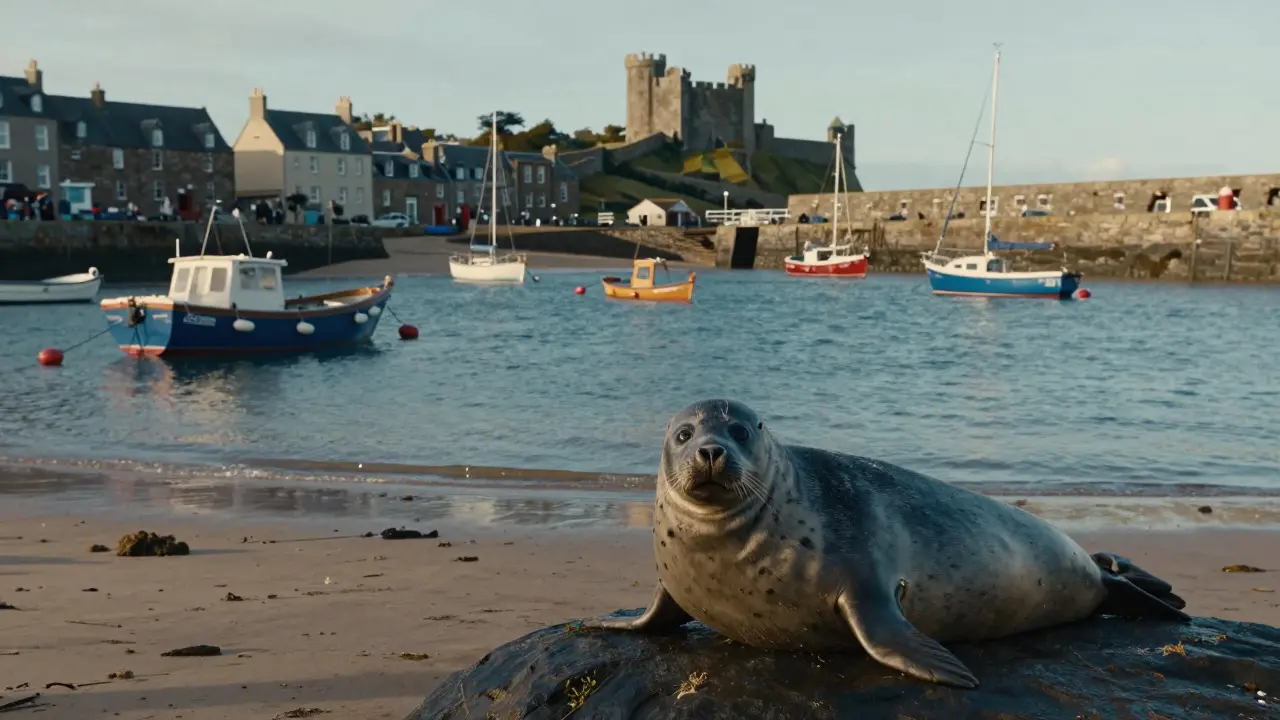 Colorful boats in St Andrews harbor with a seal on rocks