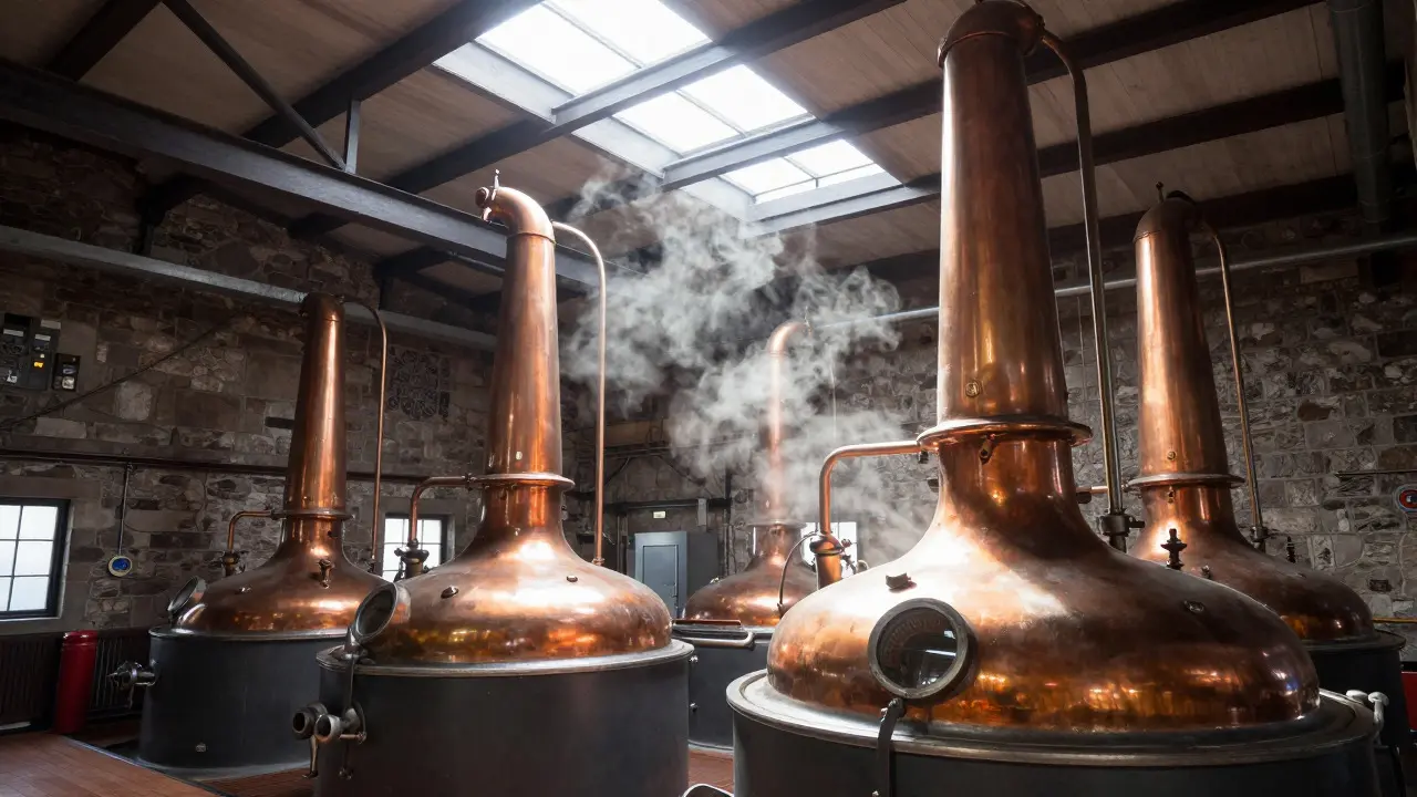 Copper pot stills in a historic Scottish distillery interior with sunlight