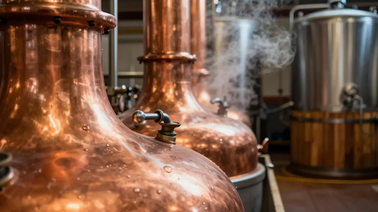 Copper pot stills steaming inside the distillery