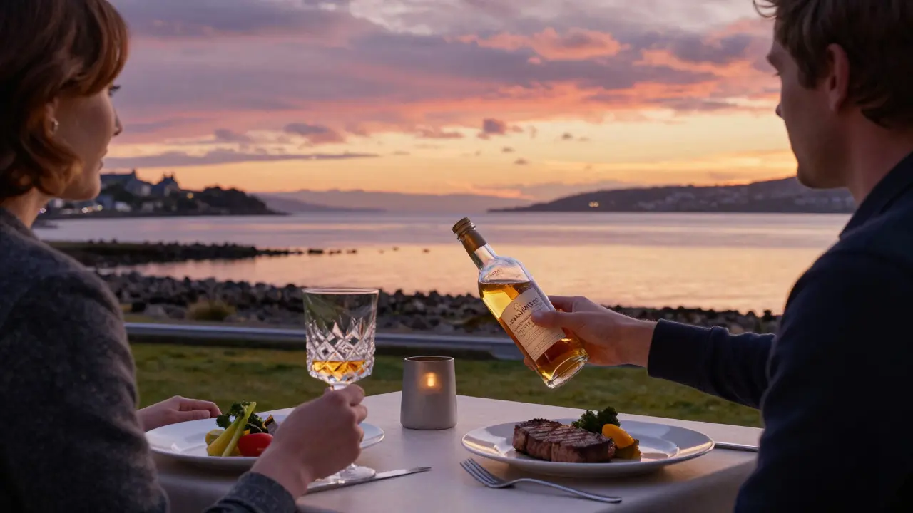 Couple enjoying Scotch whisky and grilled steak with a view of Dundee waterfront