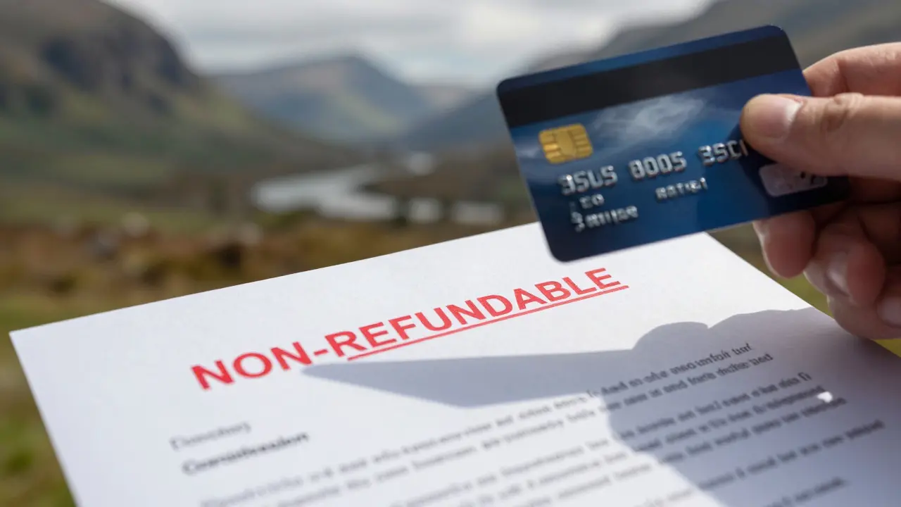 Credit card held over a non-refundable booking contract with dramatic lighting.