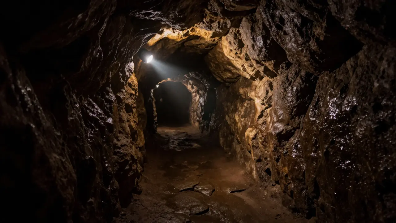 Dimly lit view inside a narrow stone tunnel under the castle