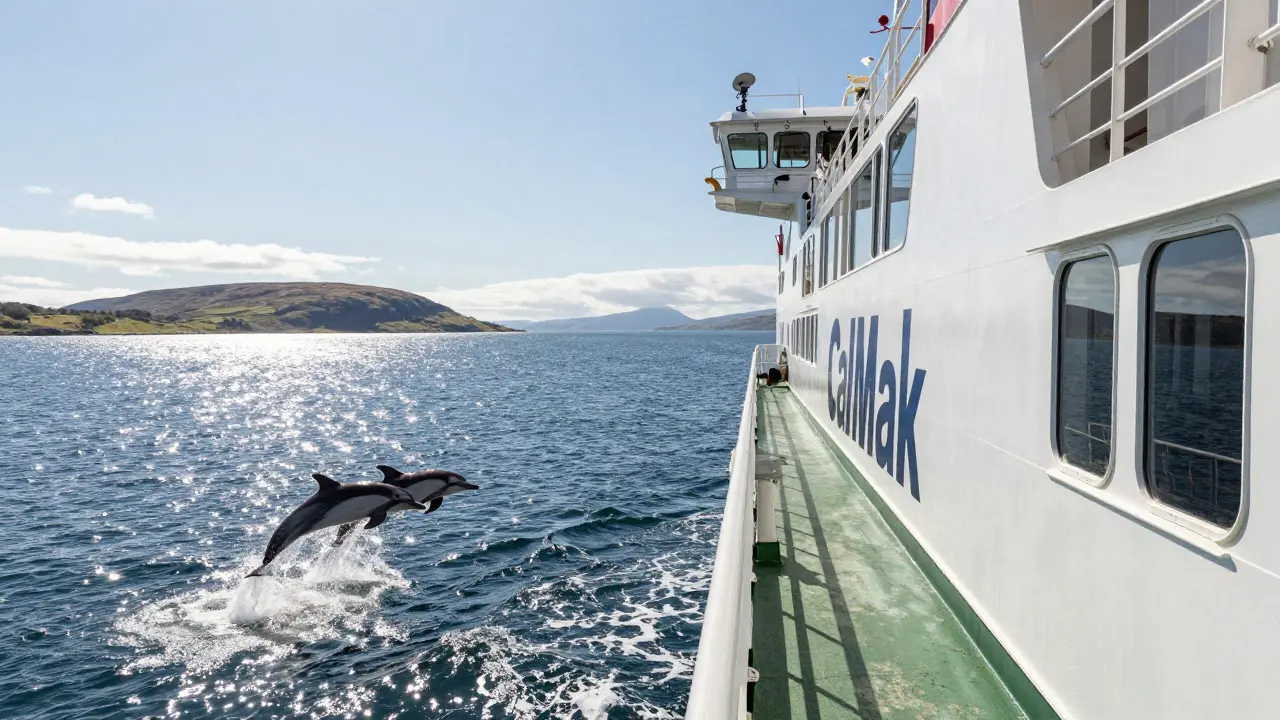 Dolphins leaping near a ferry crossing the Firth of Clyde towards Arran