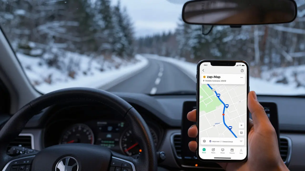 Driver using a navigation app on a phone while driving in snow