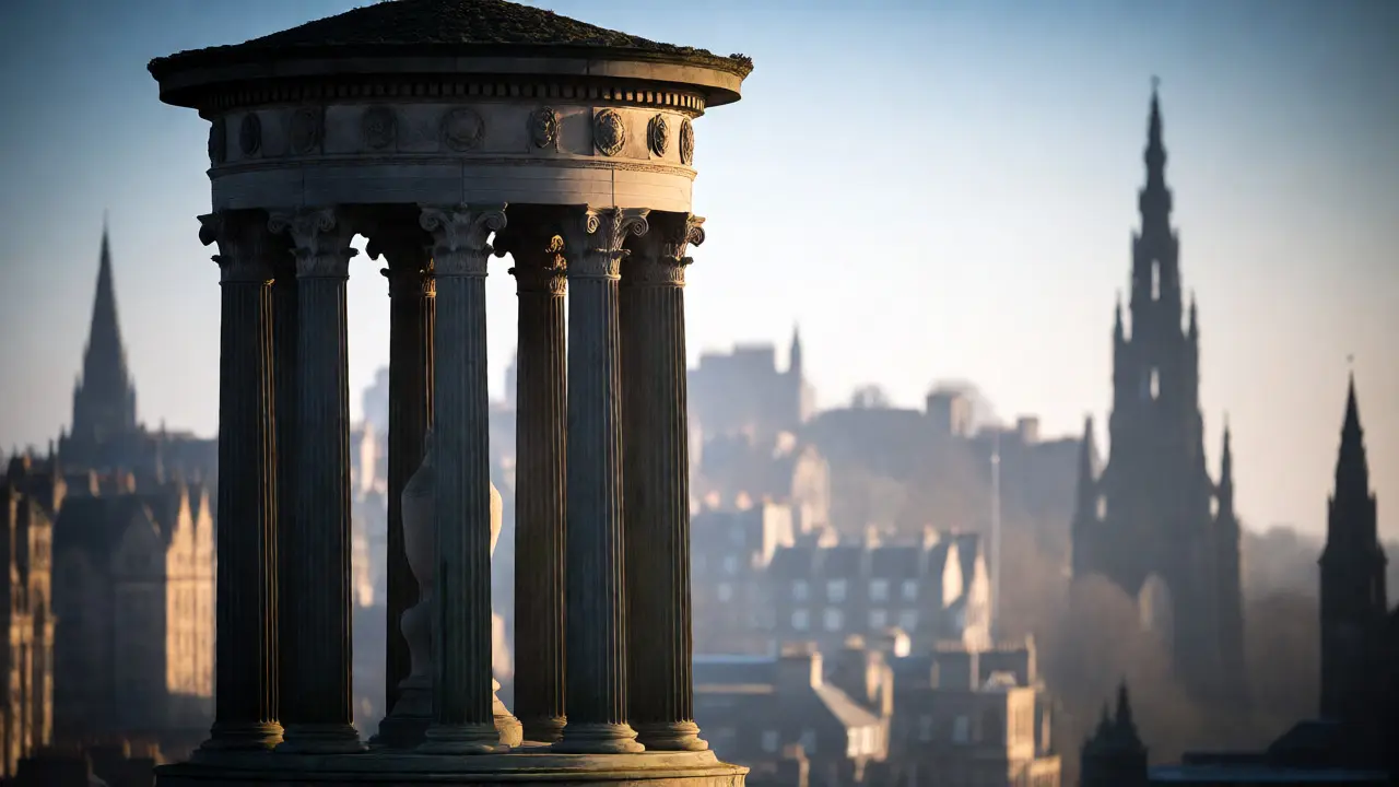 Dugald Stewart Monument bathed in morning light with Edinburgh's Old Town skyline in the misty background.