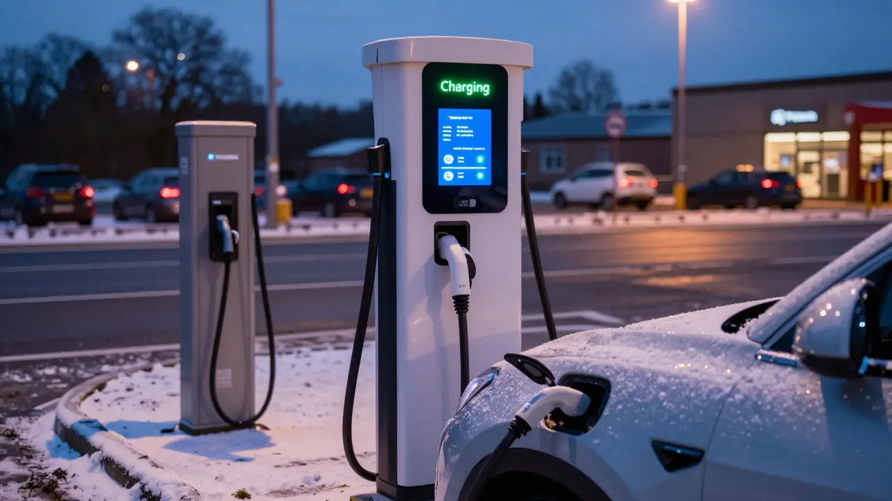 Electric vehicle charging at a snowy motorway service station