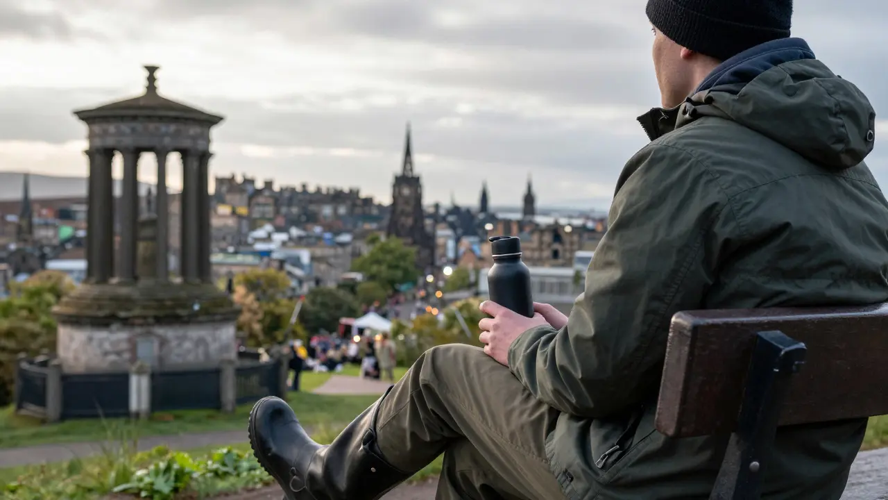 Festival attendee resting on a hill overlooking Edinburgh Castle with a water bottle.