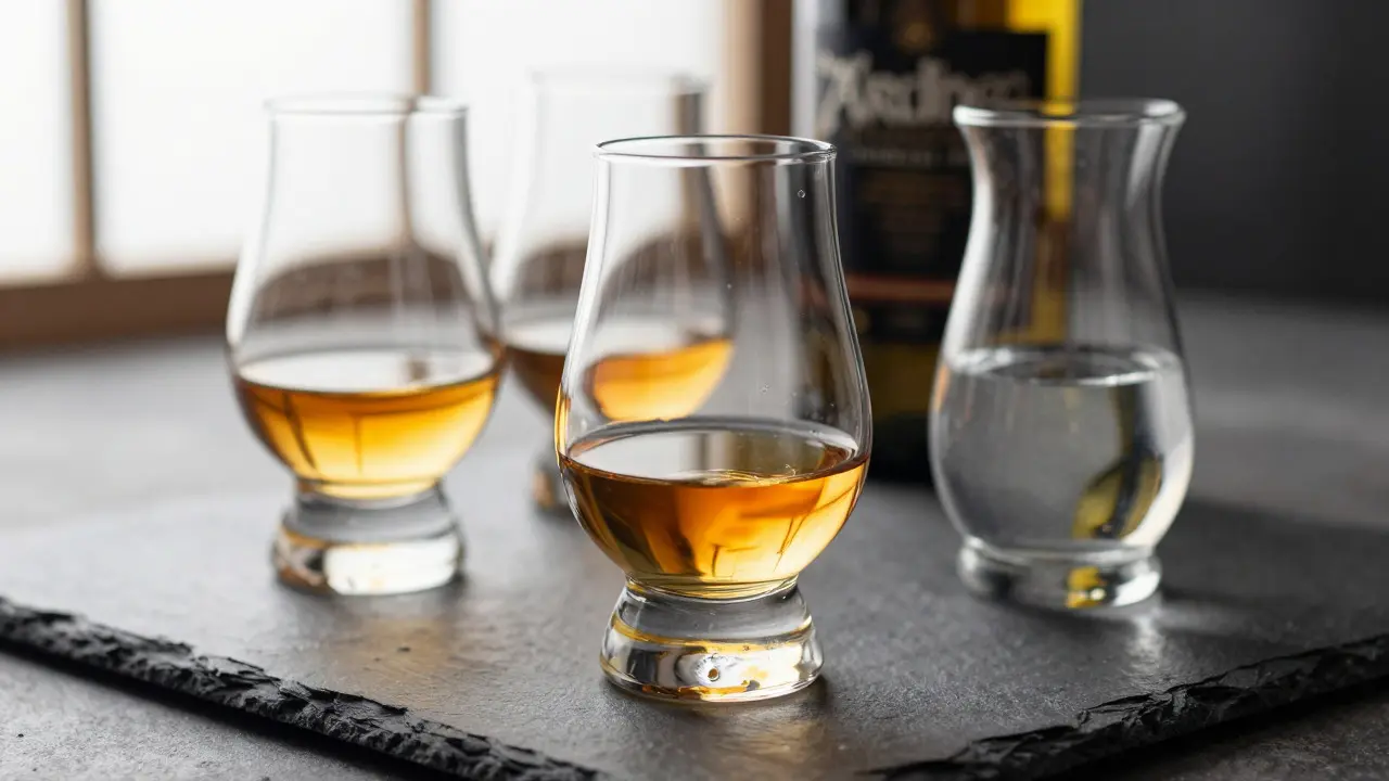 Glasses of golden Ardbeg whisky on a slate table