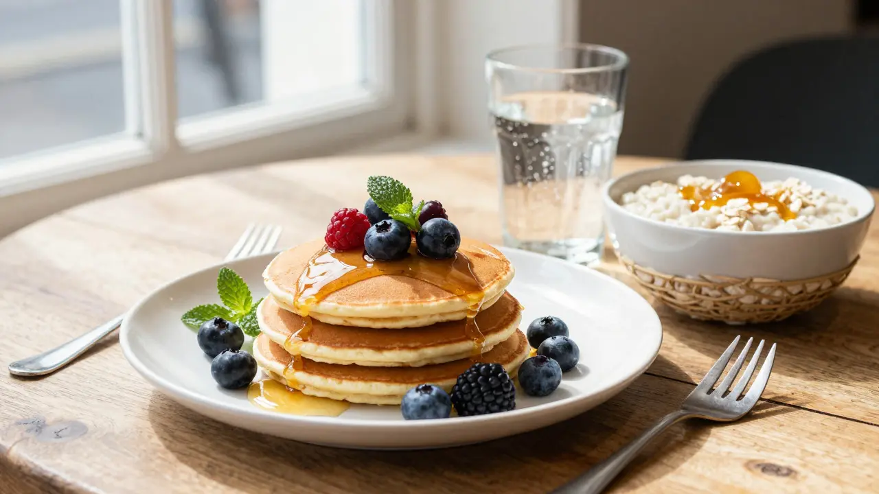 Gluten-free pancakes and oat porridge served in a bright Glasgow cafe