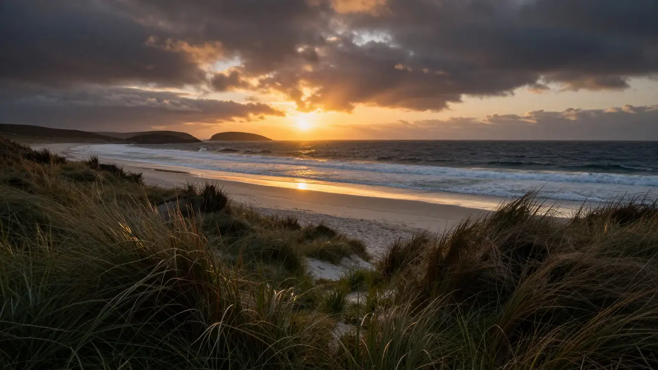 Golden sunset over Seilebost Beach with dunes and distant Small Isles