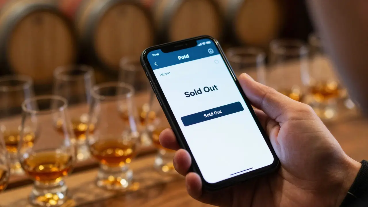 Hand holding a phone showing a sold-out status against a backdrop of whisky barrels