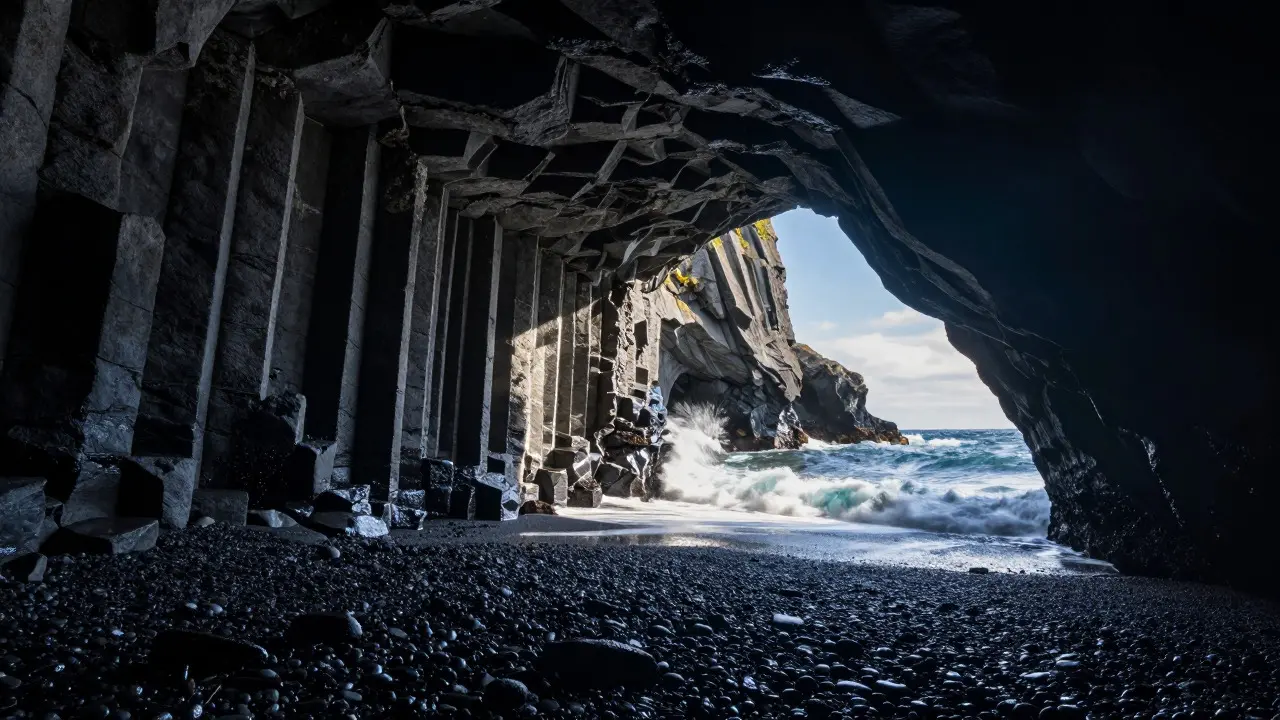 Hexagonal basalt columns and black volcanic sand inside Fingal's Cave, Staffa