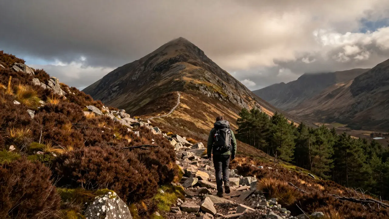 Hiker climbing steep trail up Ben Lomond in Scottish Highlands