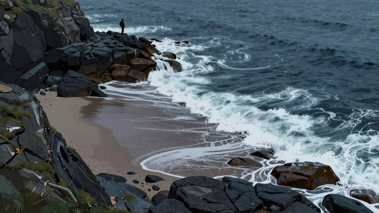 Illustration of rising tide encroaching on rocky shorelines near a cliff edge