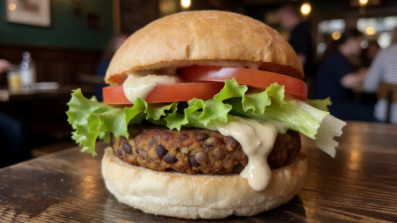 Juicy vegan burger with beans, lentils, and fresh toppings in a bun