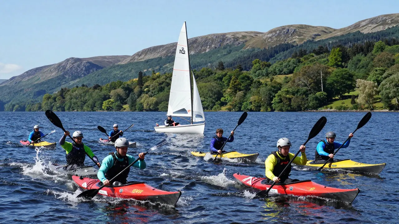 Kayakers and sailboats enjoying watersports on Loch Lomond