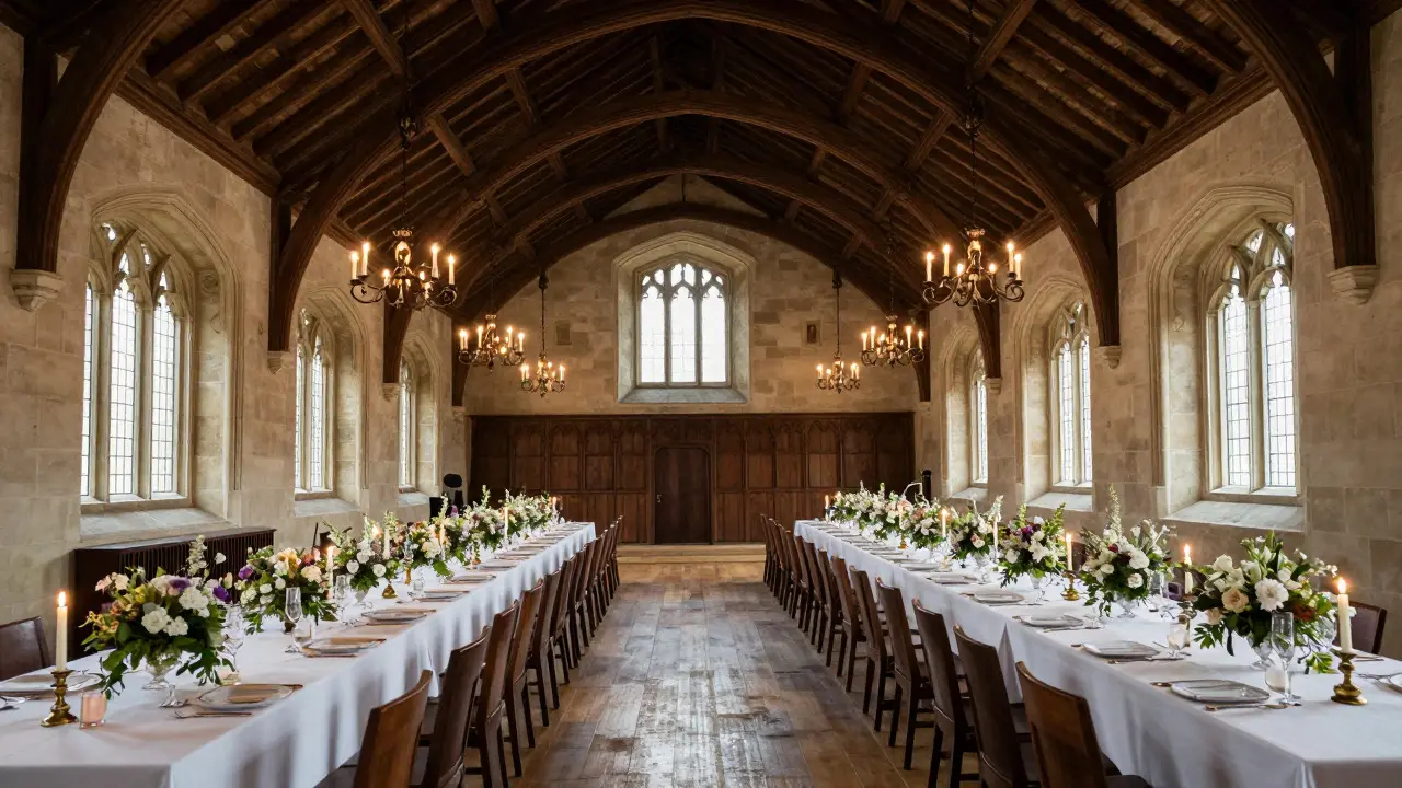 Luxurious medieval castle hall decorated with white linens and candles for a wedding