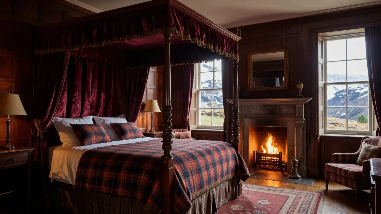 Luxurious Victorian castle bedroom with fireplace and tartan linens