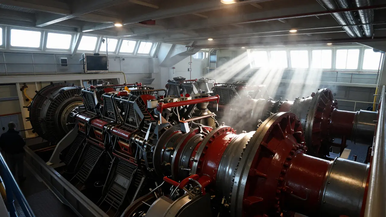 Massive industrial engines in the dimly lit engine room of the yacht