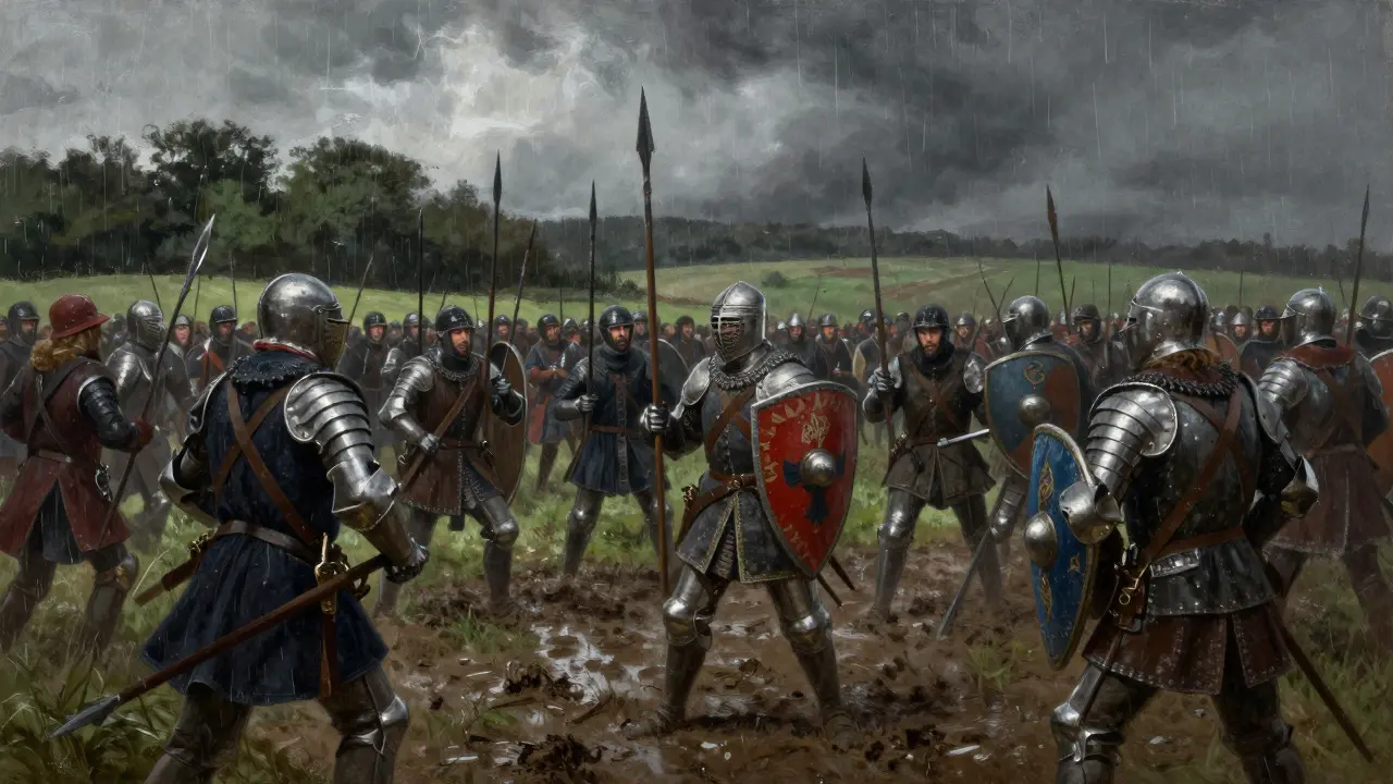 Medieval battle scene at Bannockburn with Scottish and English armies