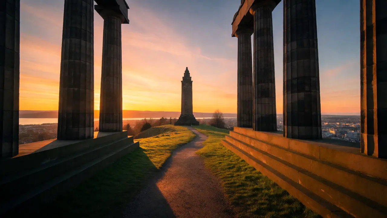 Panoramic view from Calton Hill framing the Firth of Forth and Pentland Hills between classical columns.
