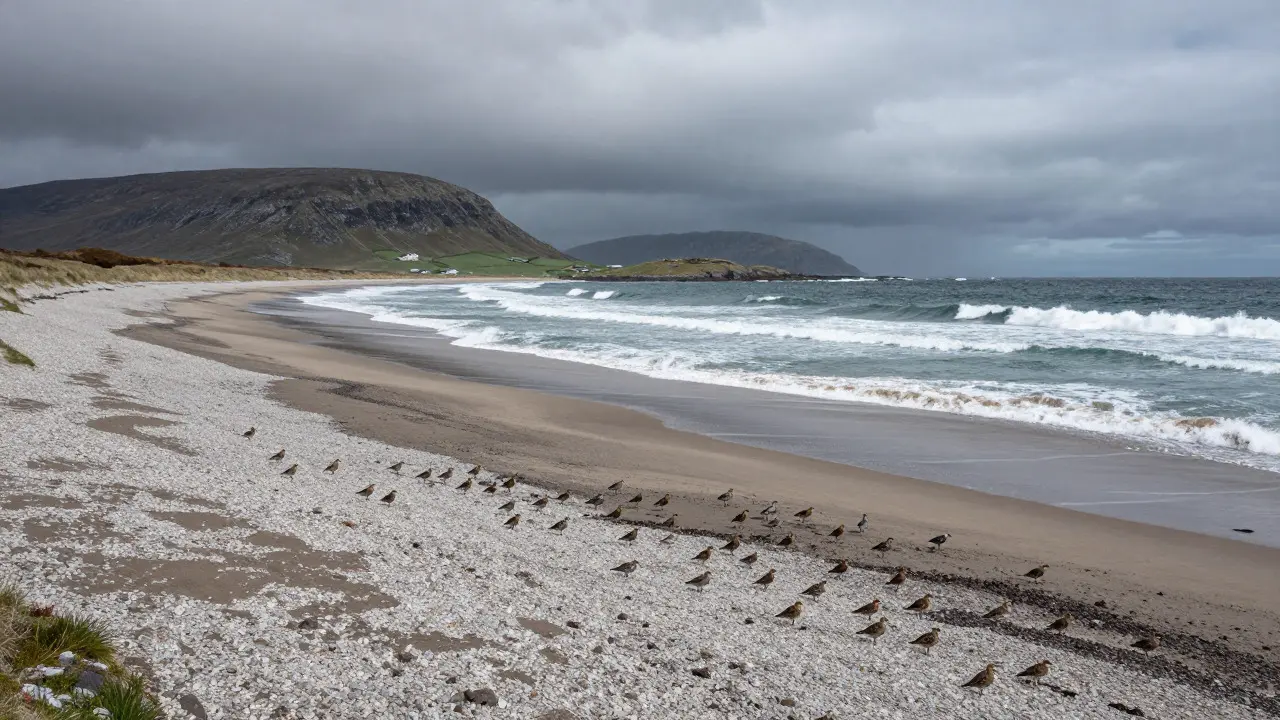 Panoramic view of Scarista Beach with migratory birds and dramatic skies
