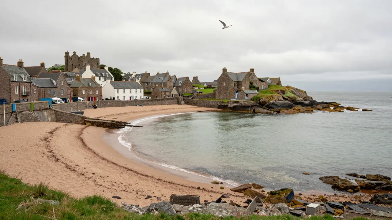 Quiet sandy cove at Crail Beach with historic village ruins in the background
