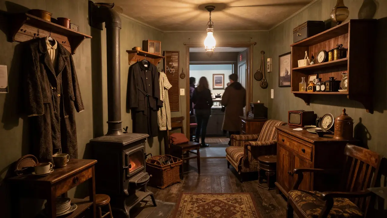 Recreated Victorian tenement interior exhibit showing domestic life