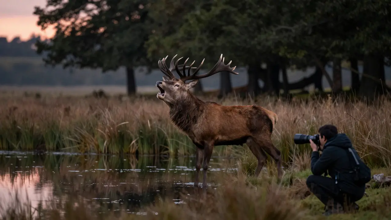 Red deer stag roaring at dawn while a photographer watches from a distance