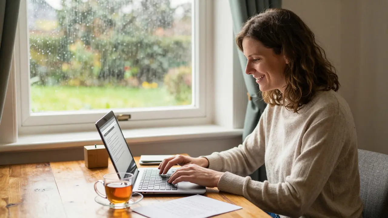 Smiling B&amp;B owner typing an email at a desk with rain visible outside the window.