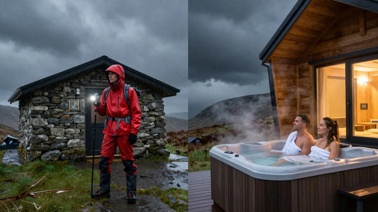 Split view comparing a hiker in a storm at a bothy with a couple in a cabin hot tub